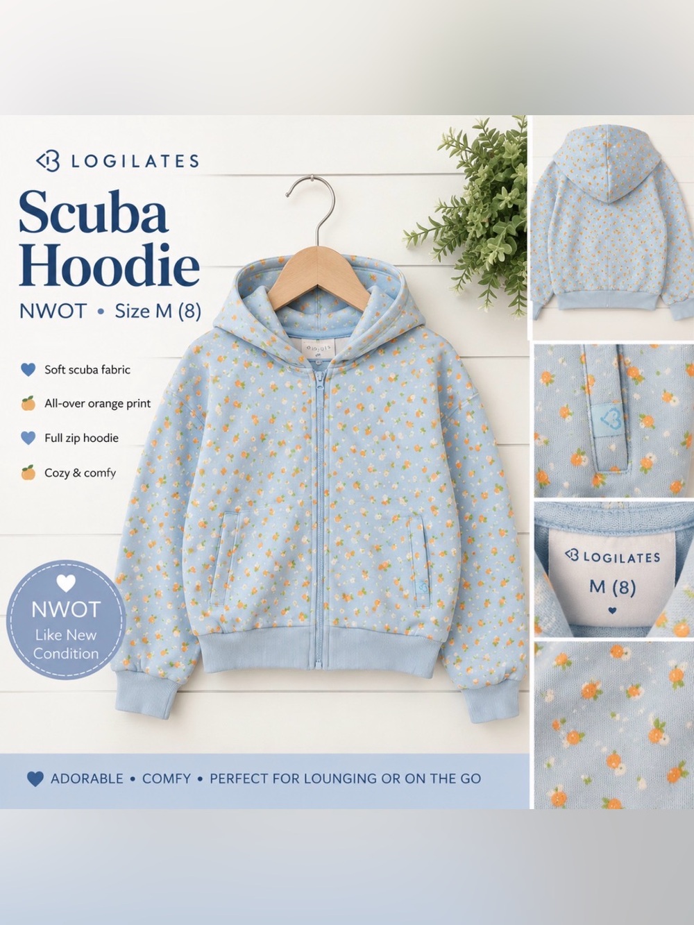 BLOGILATES Girls Scuba Zip Hoodie Blue Orange Print NWOT Size M (8) Soft Cozy